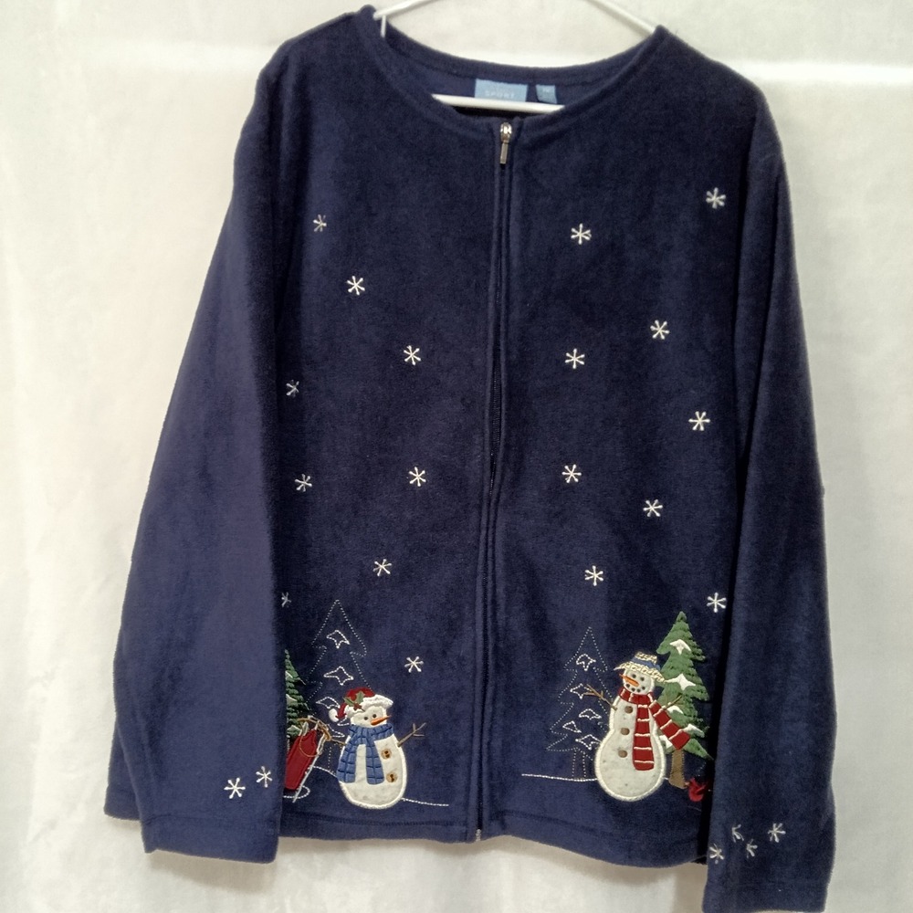 Croft & Barrow Sport Womens 2X Navy Blue Snowman Fleece Full Zip Jacket Winter